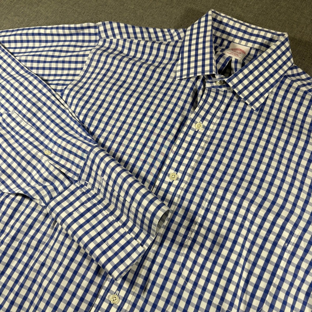 Brooks Brothers Dress Shirt Mens 16.5-35 Blue Gingham Traditional Barrel Sleeve